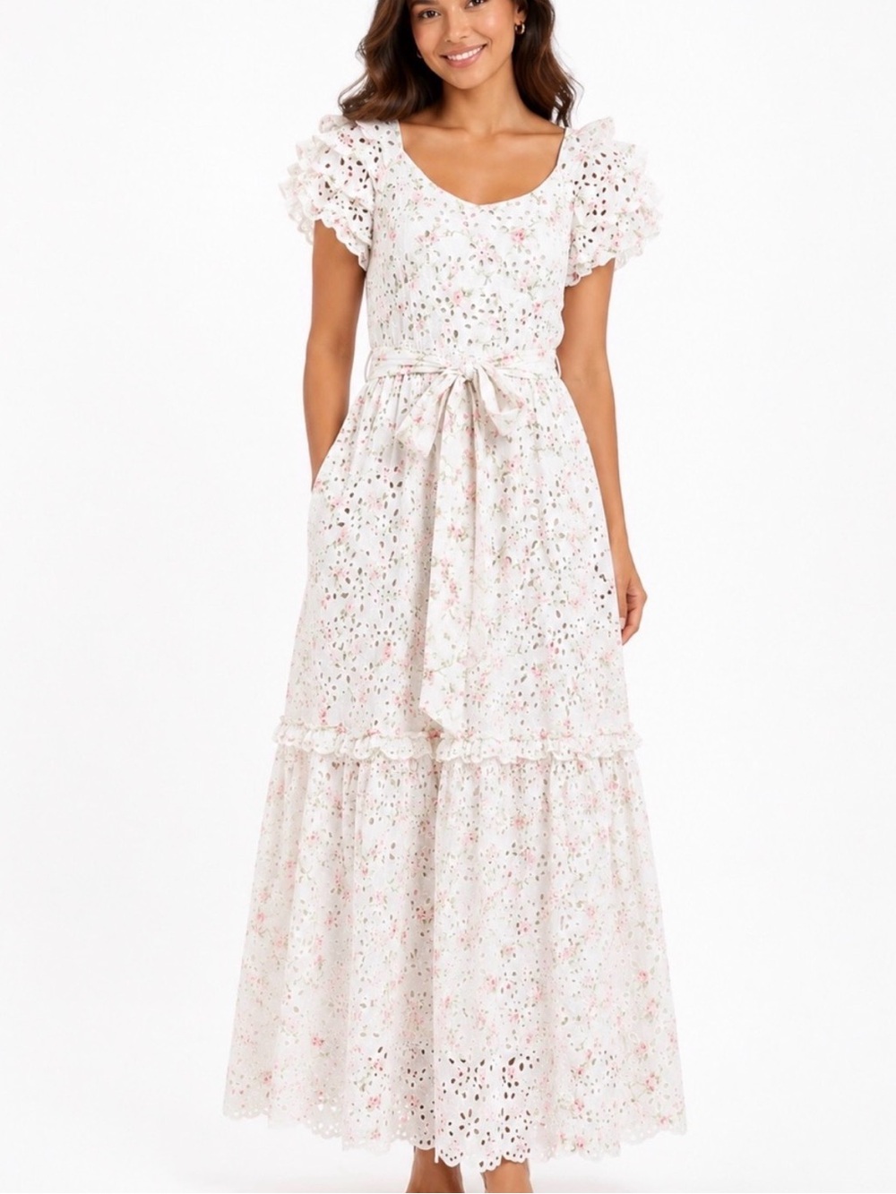 LoveShackFancy White Maxi Eyelet Dress with Pink Floral Print